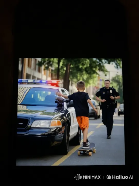 Young Boy Skateboards, Police Conflict in City Scene – AI Generated Video | Hailuo AI