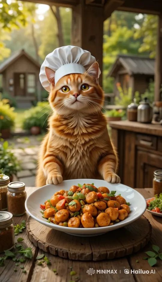 Chef Cat Proudly Presents Stir-Fried Delight in Rustic Kitchen – AI Generated Video | Hailuo AI