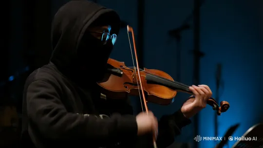 Mysterious Violinist in Ethereal Blue Light Performance – AI Generated Video | Hailuo AI