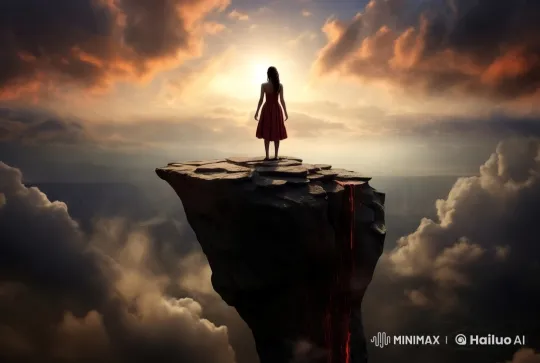 Girl on Cliff Amidst Crimson Sky and Ocean Panorama – AI Generated Video | Hailuo AI