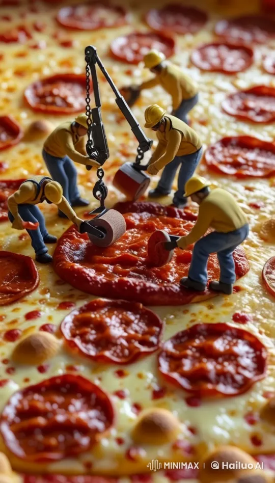 Miniature Workers Craft Pizza in Artistic Scene – AI Generated Video | Hailuo AI