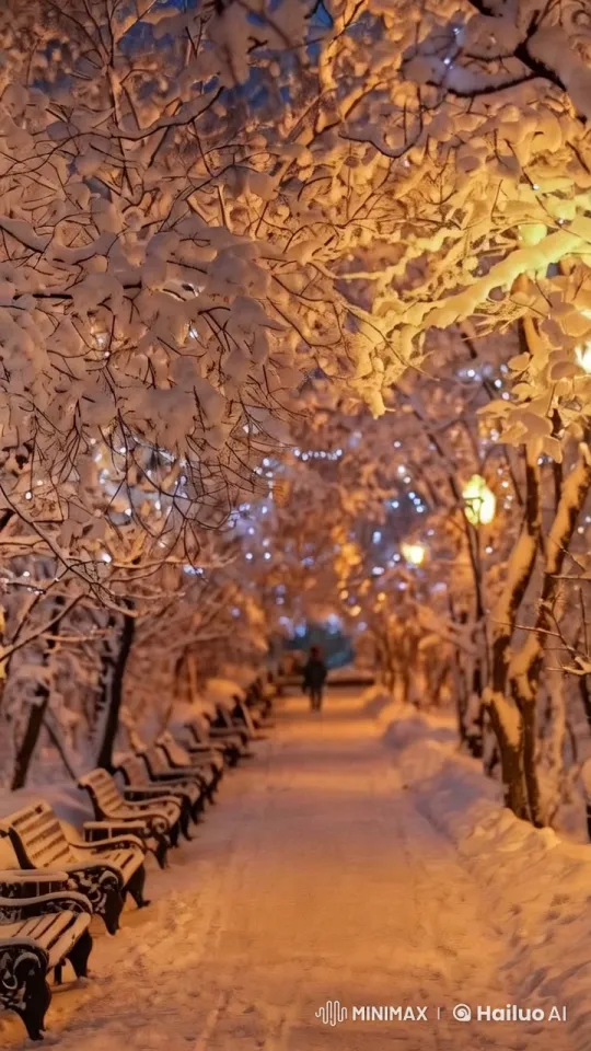 Winter Wonderland: Serene Pathway Illuminated by Streetlights – AI Generated Video | Hailuo AI