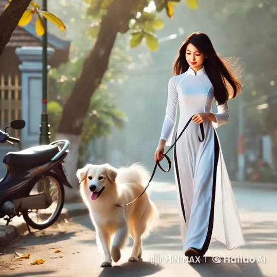 Peaceful Morning Walk: Girl and Dog in Tranquil Setting – AI Generated Video | Hailuo AI