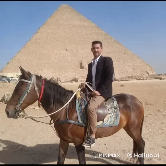 Man on Horse Approaches Pyramid in Animated Live2D Scene – AI Generated Video | Hailuo AI
