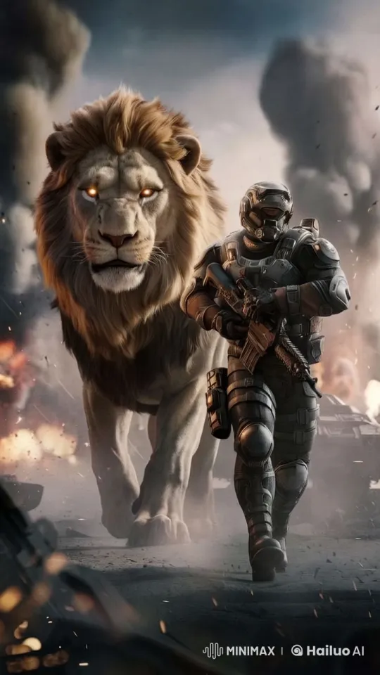 Soldier and Lion March Through Chaos in Dramatic Unity – AI Generated Video | Hailuo AI