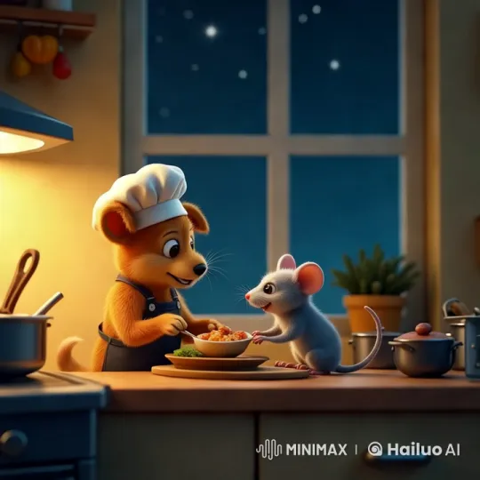 Canine Chef and Mouse Prepare Meal in Cozy Kitchen – AI Generated Video | Hailuo AI