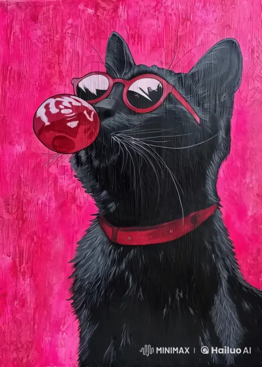 Black Cat in Sunglasses Blows Bubble on Pink Background – AI Generated Video | Hailuo AI