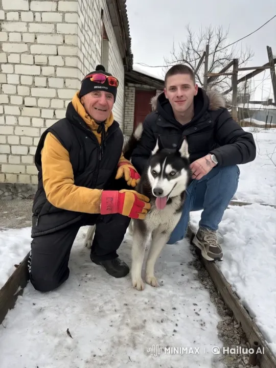 Two Men and Husky Dog in Snowy Setting – AI Generated Video | Hailuo AI
