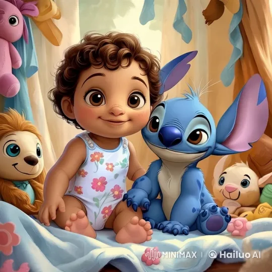 Baby and Stitch Enjoy Playful Moment in Cozy, Bright Room – AI Generated Video | Hailuo AI