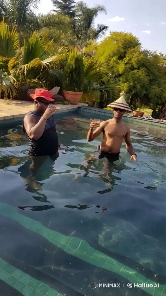 Two Men Playfully Interact in a Tranquil Pool Setting – AI Generated Video | Hailuo AI