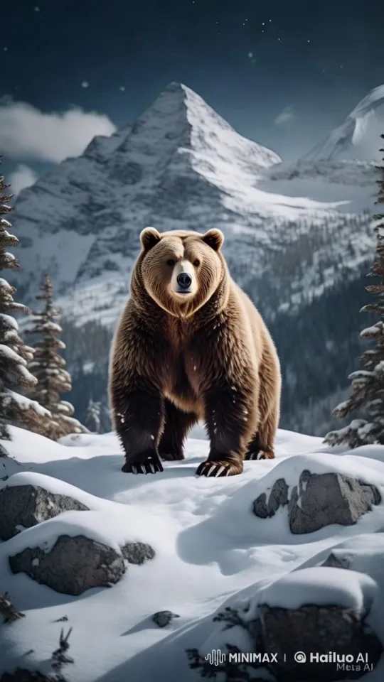 Grizzly Bear in Majestic Winter Landscape – AI Generated Video | Hailuo AI
