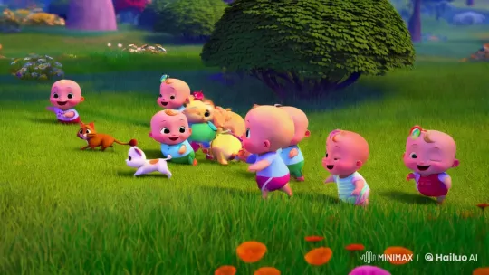 Joyful Cartoon Babies Chase Cats in 3D Animated Field – AI Generated Video | Hailuo AI