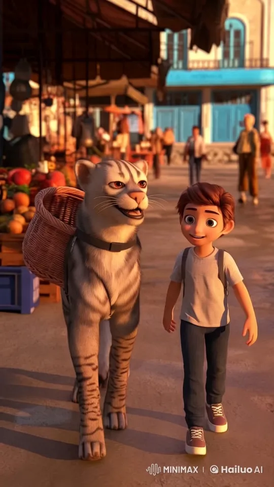 Boy and Anthropomorphic Tiger Stroll Through Bustling Market – AI Generated Video | Hailuo AI