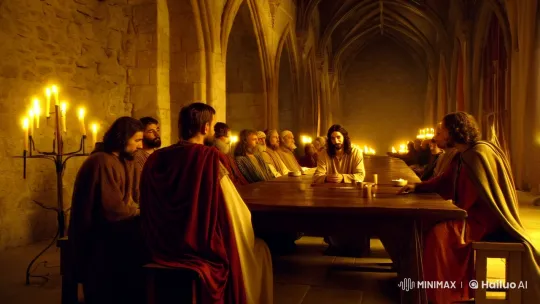 Intimate Supper: Jesus and Disciples in Golden Glow – AI Generated Video | Hailuo AI