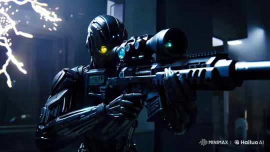 Futuristic Cyborg Sniper in High-Tech Cityscape – AI Generated Video | Hailuo AI