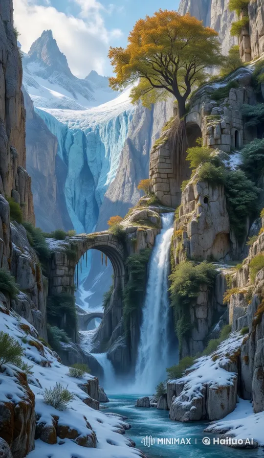 Majestic Landscape with Waterfall, River, and Glacier – AI Generated Video | Hailuo AI