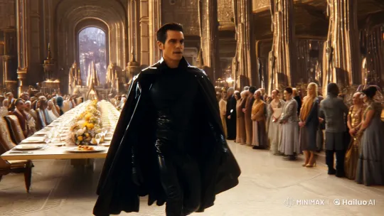 Elegant Drama Unfolds in Grandiose Science Fiction Hall – AI Generated Video | Hailuo AI