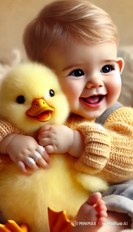 Baby Laughs Joyfully with Fluffy Yellow Duck – AI Generated Video | Hailuo AI