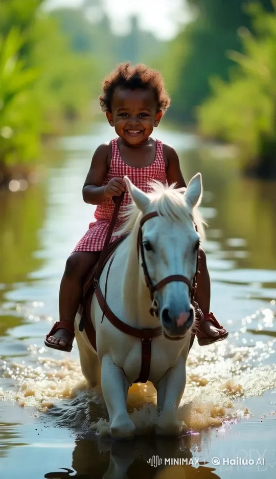 Child Rides Horse Through Sunlit Stream – AI Generated Video | Hailuo AI