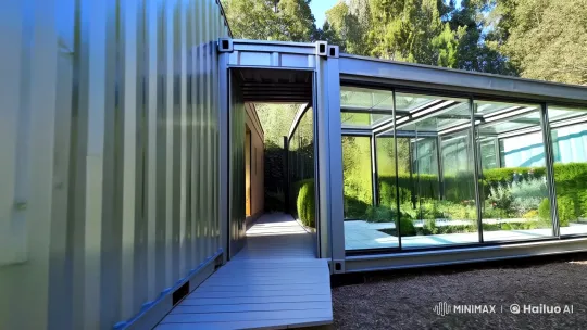 U-Shaped Shipping Container Home with Expansive Glass Sunroom – AI Generated Video | Hailuo AI
