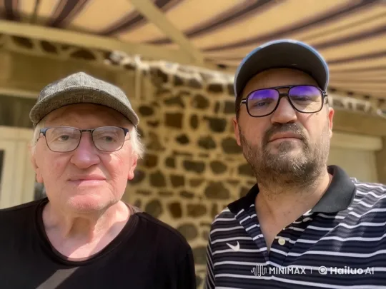 Outdoor Portrait of Two Men Under Awning – AI Generated Video | Hailuo AI