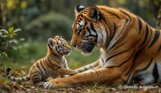 Baby Tiger's Playful Moment with Mother in Serene Forest – AI Generated Video | Hailuo AI