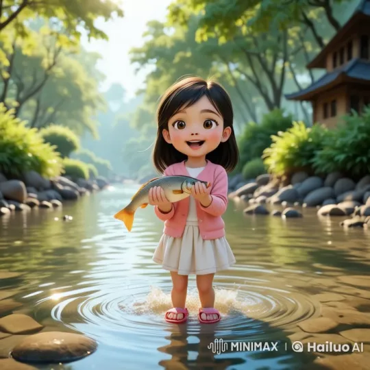 Rayya Laughs as Fish Escapes Back to Stream – AI Generated Video | Hailuo AI