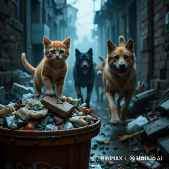 Lonely Kitten Searches Trash in Misty Alley – AI Generated Video | Hailuo AI