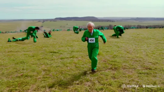 Elderly Korean Man Endures Mysterious Race in Green Jumpsuit – AI Generated Video | Hailuo AI