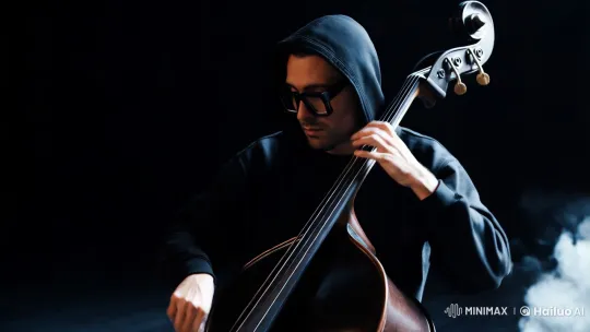 Minimalist Aesthetic: Hooded Man's Ethereal Double Bass Performance – AI Generated Video | Hailuo AI