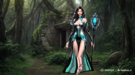 Female Magician Emerges from Ruins in Enchanted Forest – AI Generated Video | Hailuo AI
