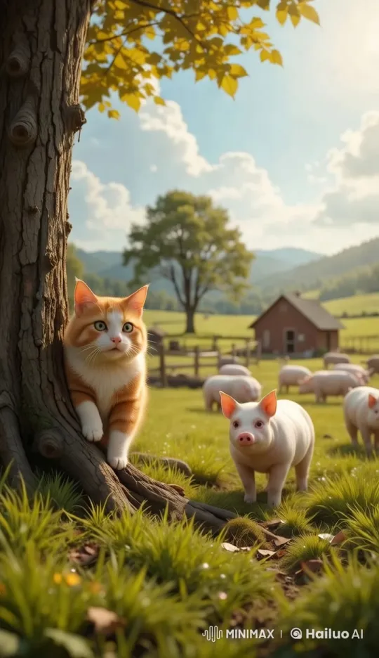 Chubby Cat Attacks Little Pig in Pastoral Setting – AI Generated Video | Hailuo AI