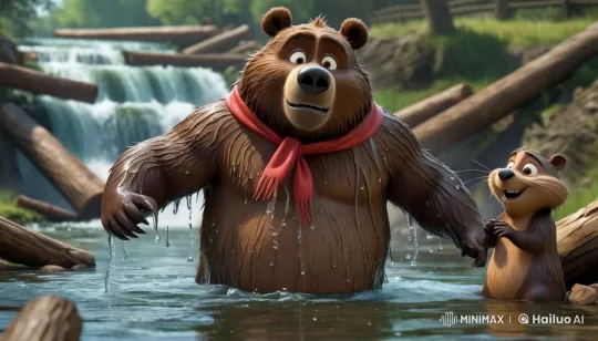 Bruno the Bear Frolics in River with Beaver - Pixar Style – AI Generated Video | Hailuo AI