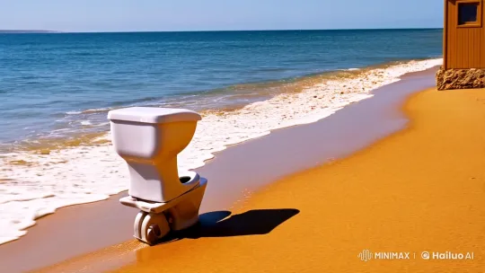 Toilet Hops to Outhouse on Serene Beach – AI Generated Video | Hailuo AI
