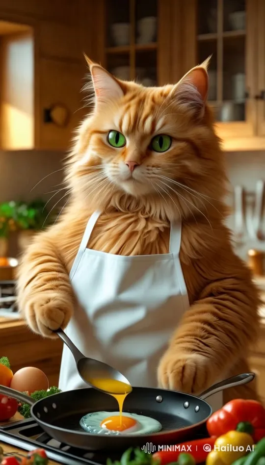 Chef Cat Cooks with Style in Cozy Kitchen – AI Generated Video | Hailuo AI