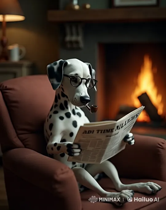 Cozy Dalmatian Reads Newspaper by Fireplace – AI Generated Video | Hailuo AI