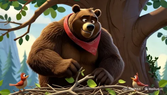 Disney Pixar Style: Bear and Birds Build Nest – AI Generated Video | Hailuo AI