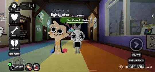Animated Characters Light_star and FinnCakeAtStake Playfully Interact in a Colorful Hallway – AI Generated Video | Hailuo AI