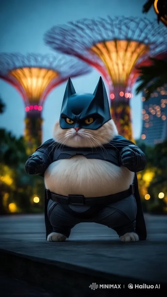 Futuristic Batman Cat Showcases Heroic Stance – AI Generated Video | Hailuo AI