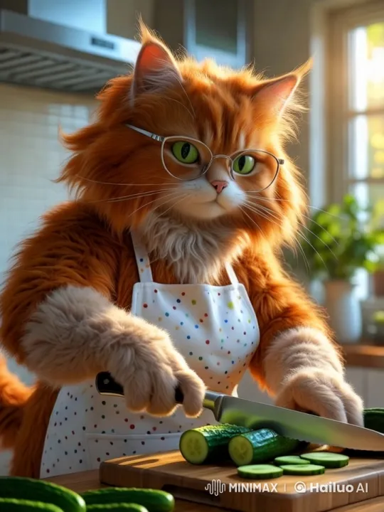 Red-haired Cat Chef Prepares Cucumbers in Kitchen – AI Generated Video | Hailuo AI
