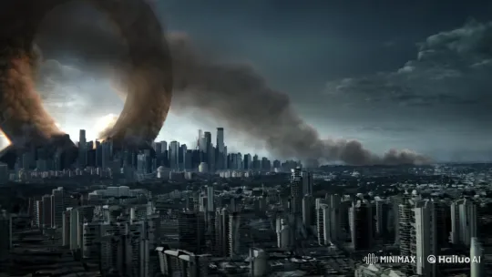 Apocalyptic Cityscape with Colossal Figure 8 Smoke – AI Generated Video | Hailuo AI