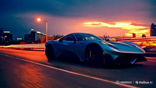 Sleek Sports Car in Cityscape with Sunset Glow – AI Generated Video | Hailuo AI