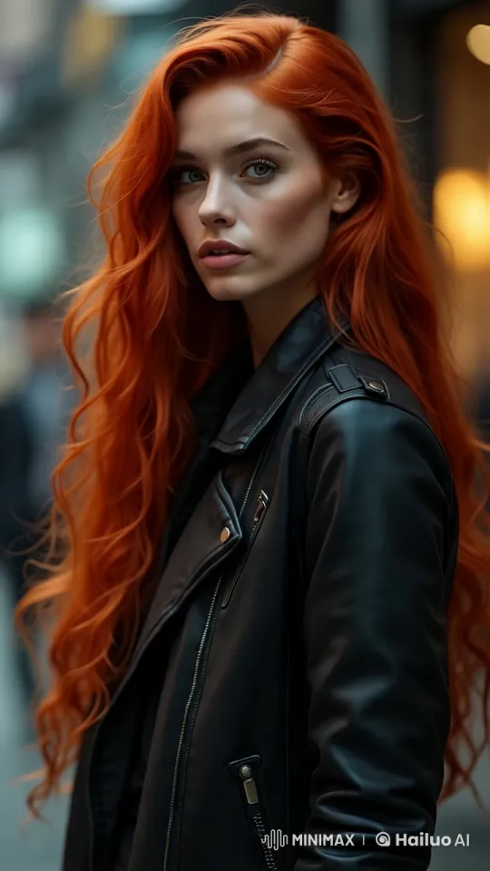 Urban Girl with Red Hair: Graceful Walk in Colorful Cityscape – AI Generated Video | Hailuo AI