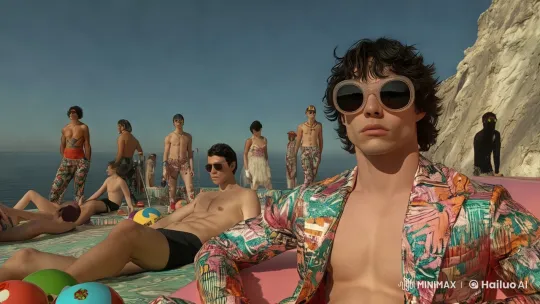 Vibrant Beach Gathering with Colorful Patterns and Serene Ocean View – AI Generated Video | Hailuo AI