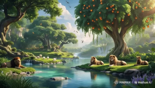 Paradise: Lions Rest with Lambs in Serene Artistic Eden – AI Generated Video | Hailuo AI