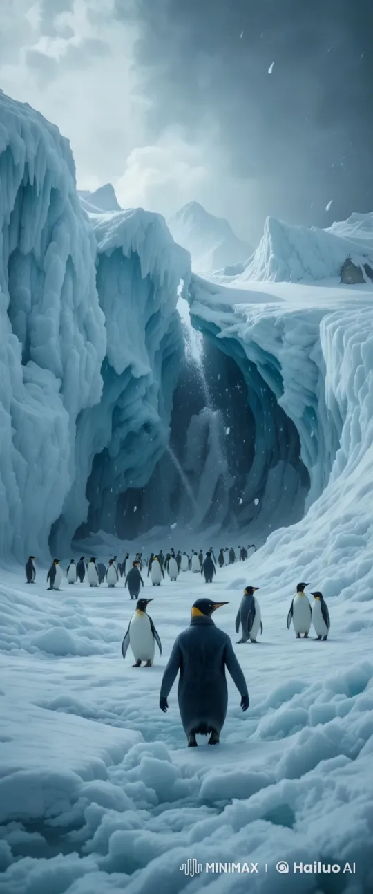 Penguins in Peril: Storm Intensifies on Icy Landscape – AI Generated Video | Hailuo AI