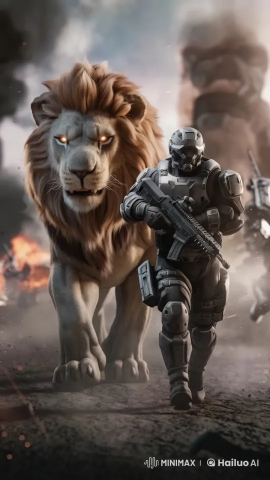 Lion and Soldier March Through Chaotic Battlefield – AI Generated Video | Hailuo AI