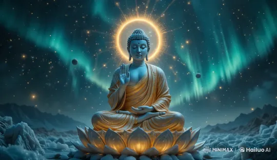 Tranquil Night: Buddha Amidst Northern Lights – AI Generated Video | Hailuo AI