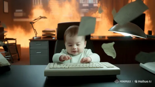Baby Calmly Types Amidst Office Inferno – AI Generated Video | Hailuo AI