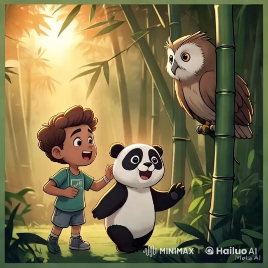 Boy, Panda, and Owl in Bamboo Forest – AI Generated Video | Hailuo AI